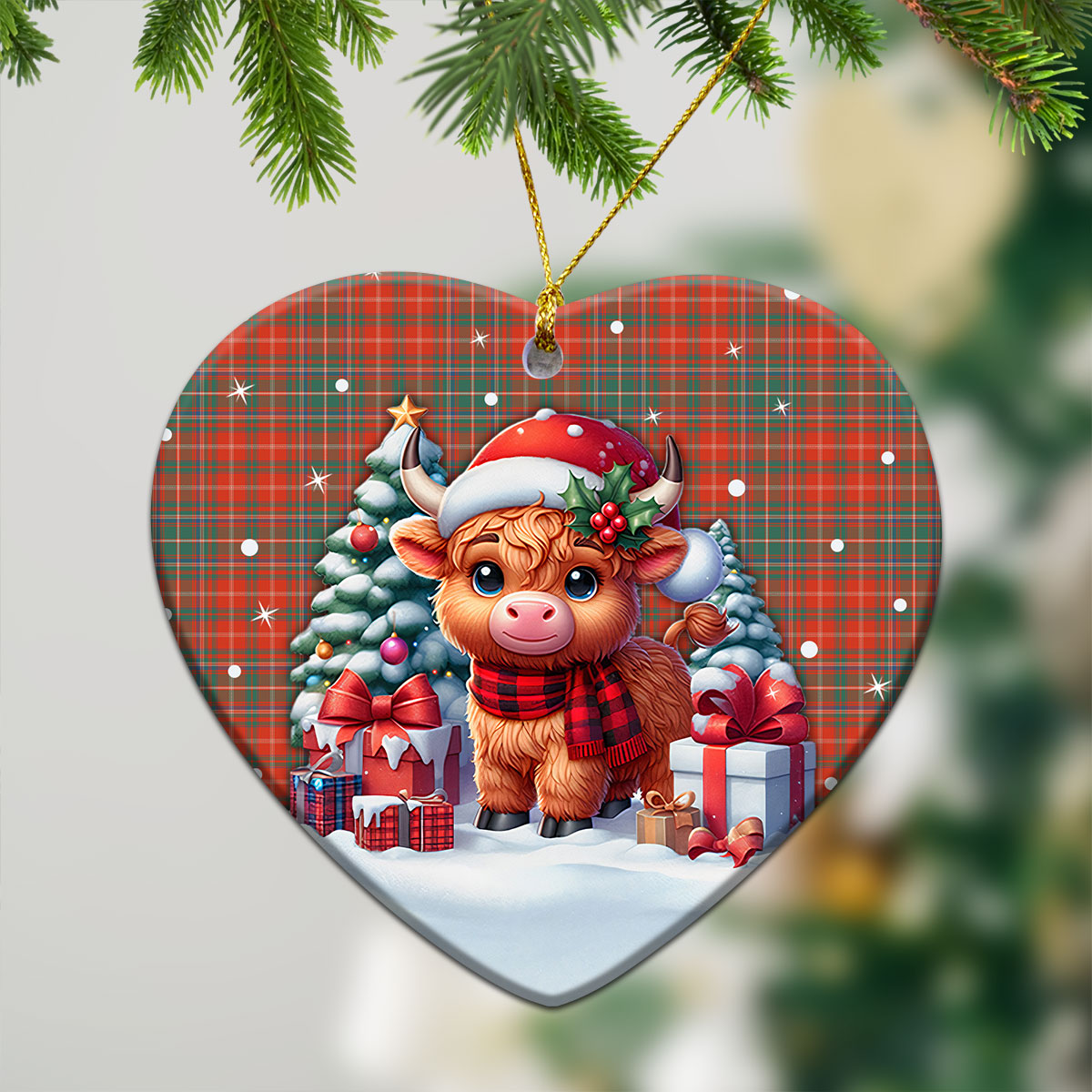 McDougall Ancient Tartan Christmas Ceramic Ornament - Highland Cow Winter Style