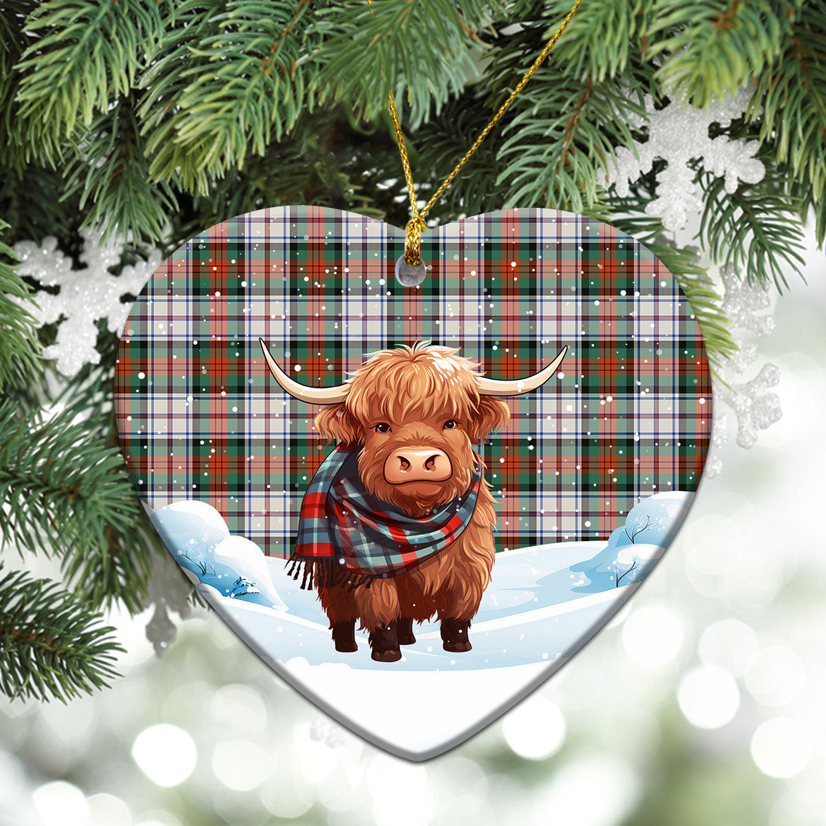 McDuff Dress Ancient Tartan Christmas Ceramic Ornament - Highland Cows Snow Style