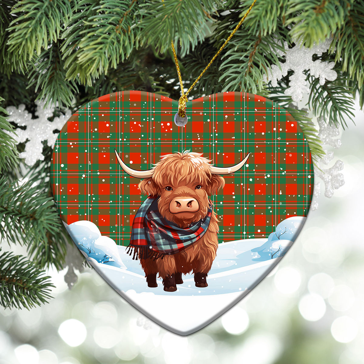 McGregor Ancient Tartan Christmas Ceramic Ornament - Highland Cows Snow Style