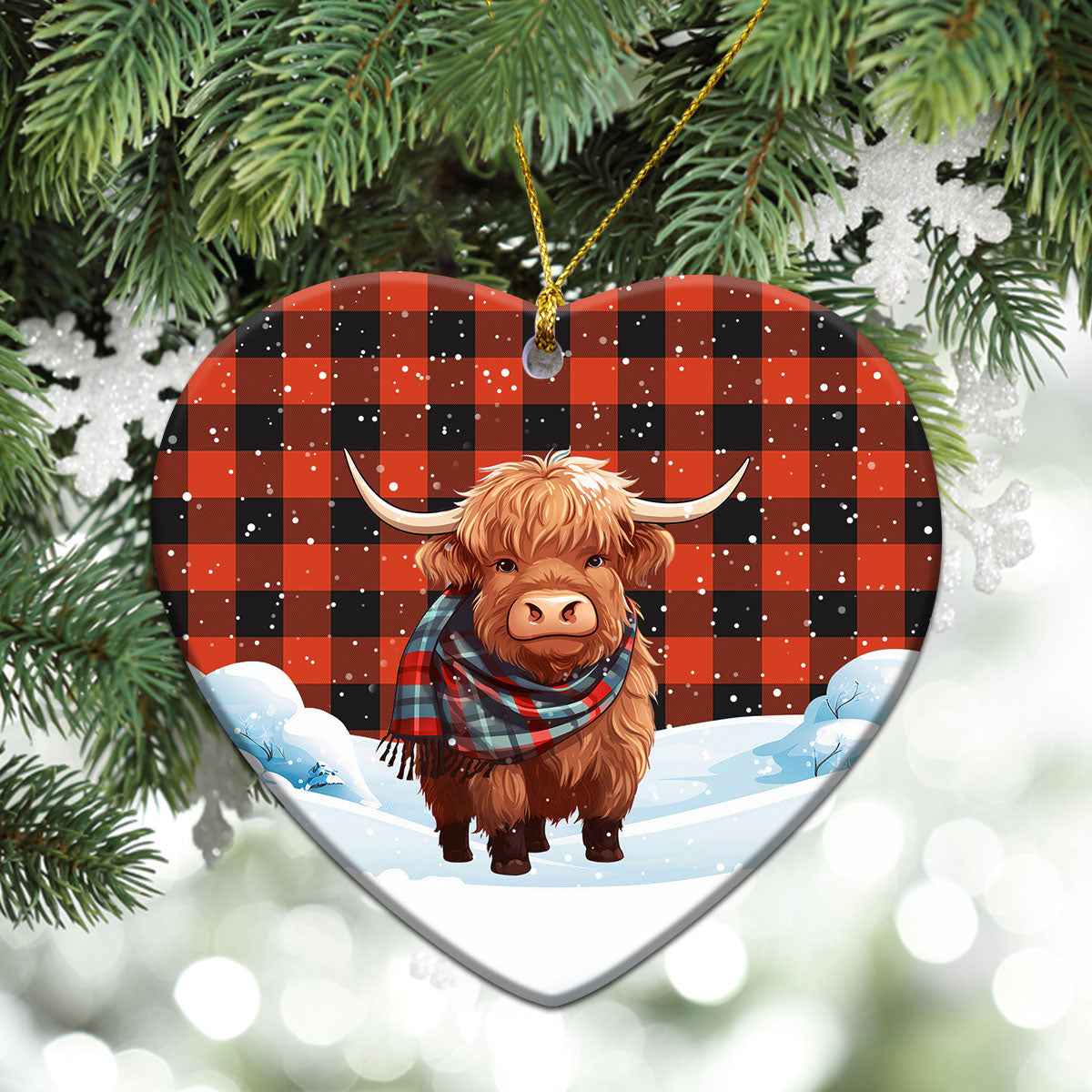 McGregor Rob Roy Ancient Tartan Christmas Ceramic Ornament - Highland Cows Snow Style