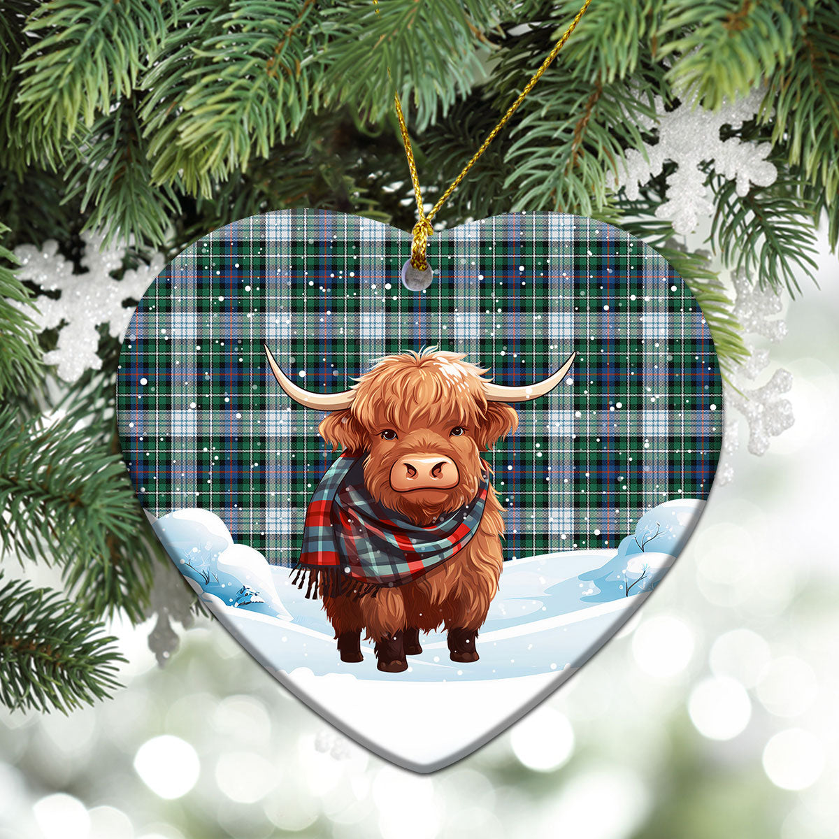 McKenzie Dress Ancient Tartan Christmas Ceramic Ornament - Highland Cows Snow Style