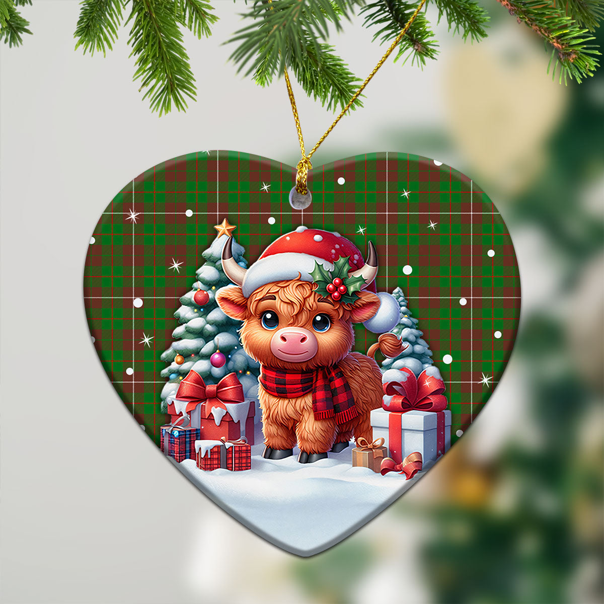 McKinnon Hunting Modern Tartan Christmas Ceramic Ornament - Highland Cow Winter Style