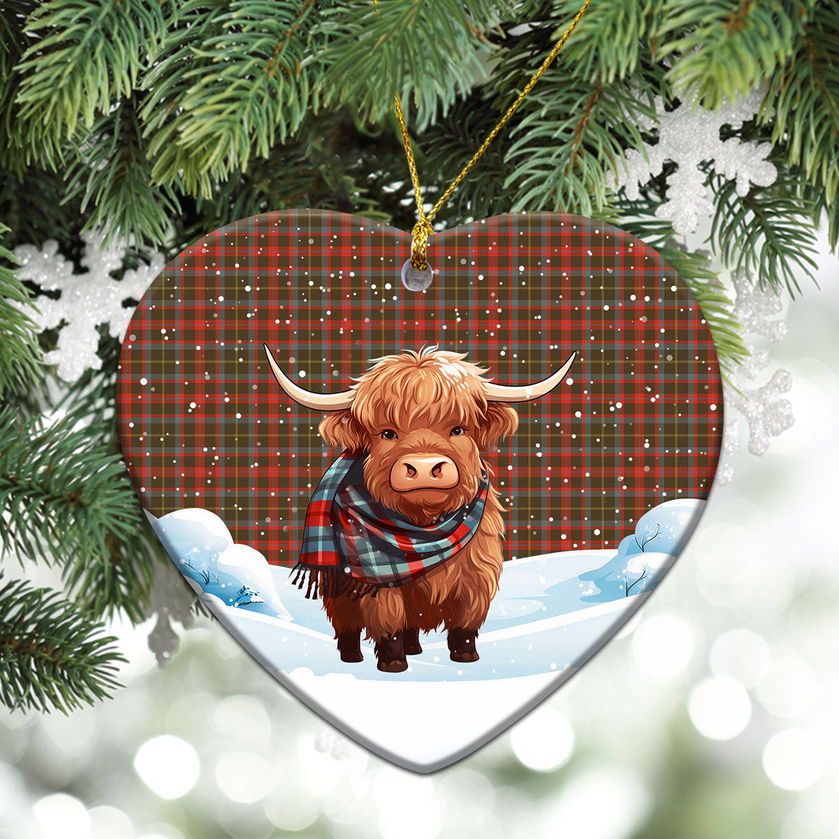 McKintosh Hunting Weathered Tartan Christmas Ceramic Ornament - Highland Cows Snow Style