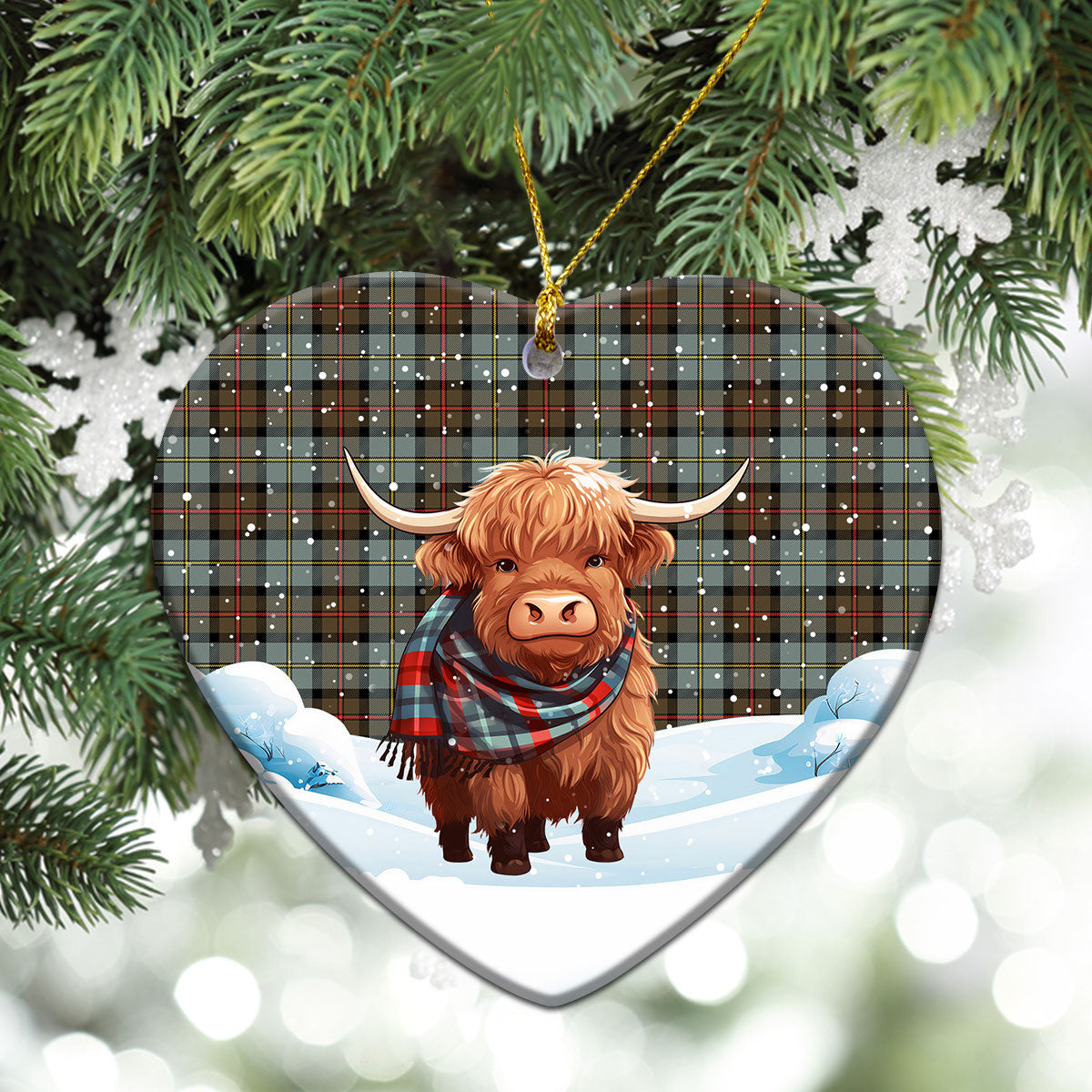 McLeod of Harris Weathered Tartan Christmas Ceramic Ornament - Highland Cows Snow Style