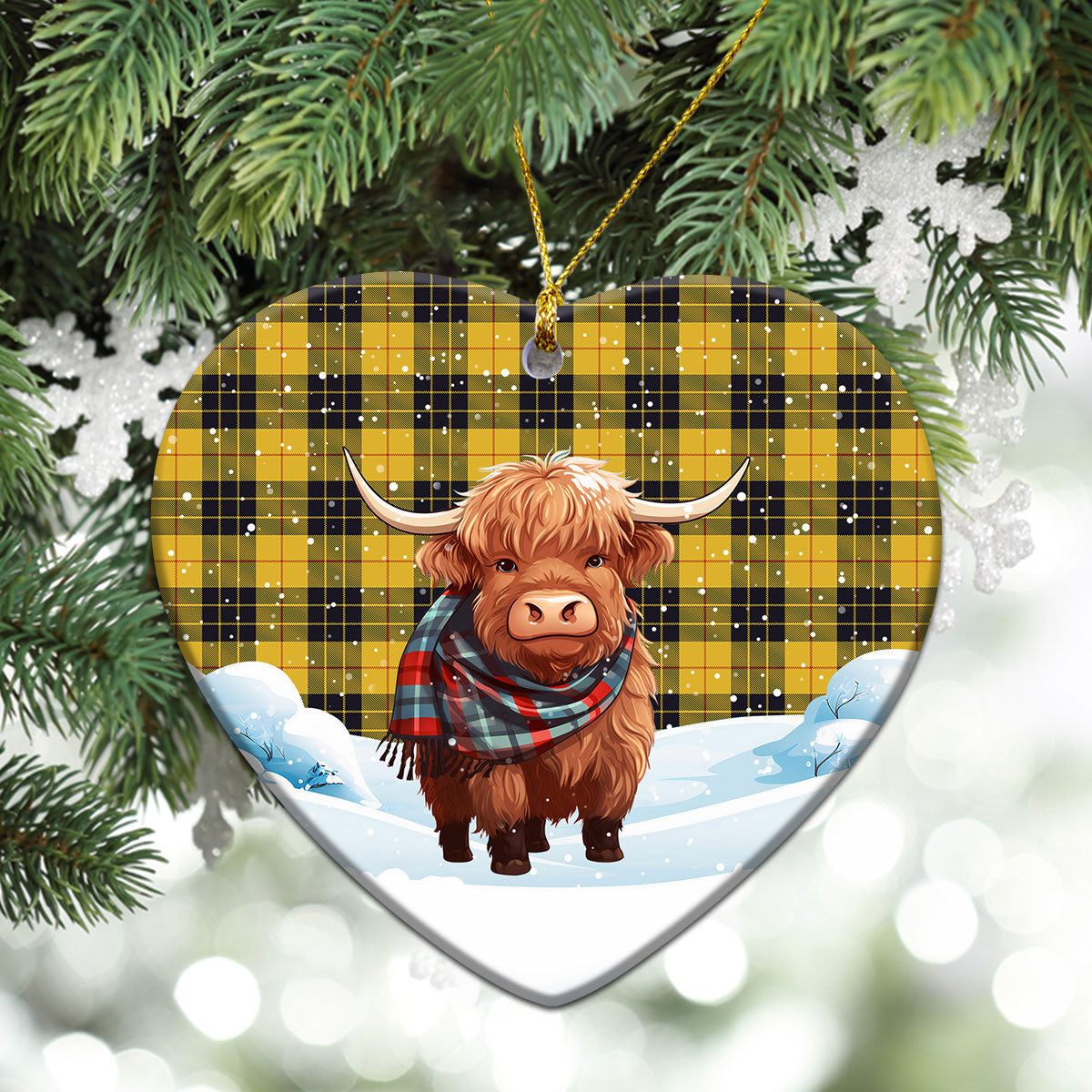 McLeod of Lewis Ancient Tartan Christmas Ceramic Ornament - Highland Cows Snow Style