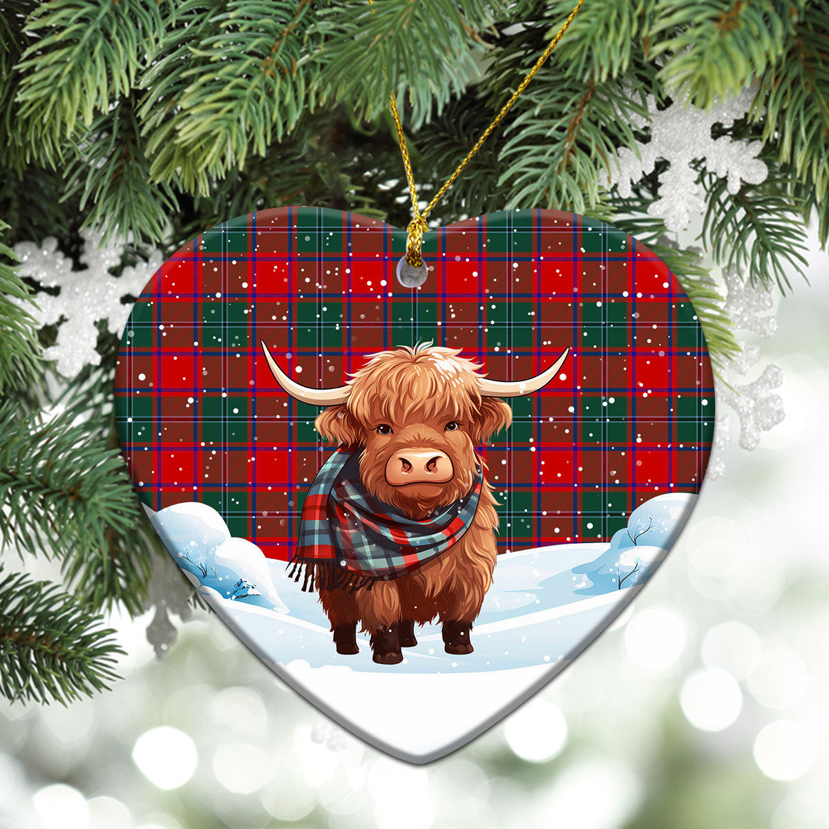 McPhail Clan Tartan Christmas Ceramic Ornament - Highland Cows Snow Style