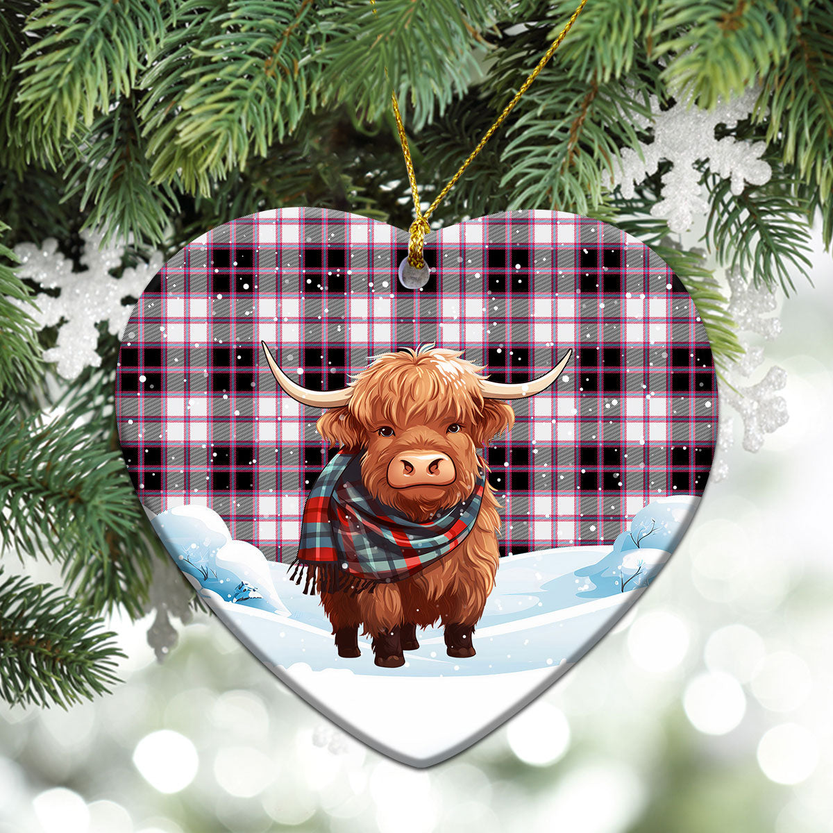 McPherson Hunting Modern Tartan Christmas Ceramic Ornament - Highland Cows Snow Style