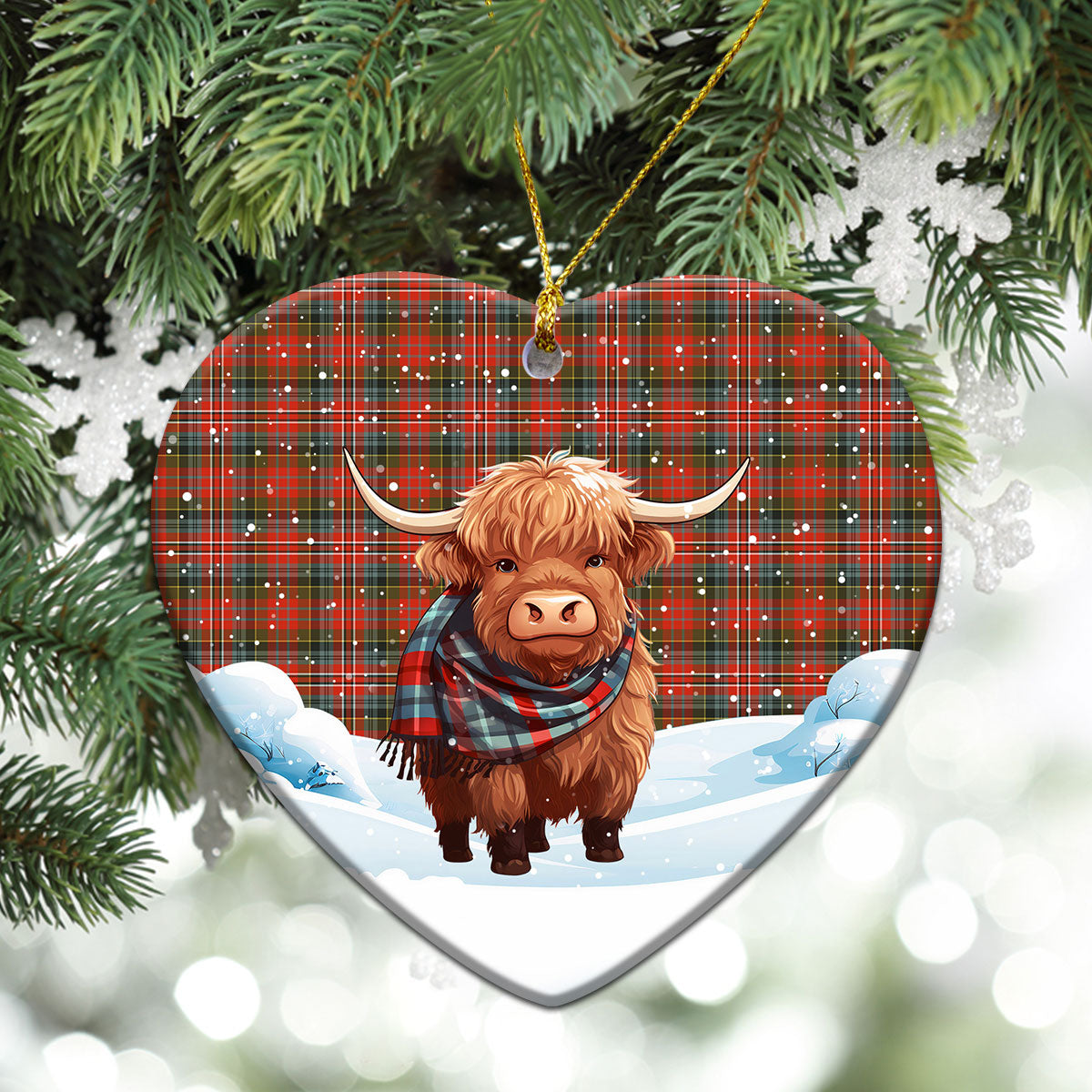 McPherson Weathered Tartan Christmas Ceramic Ornament - Highland Cows Snow Style