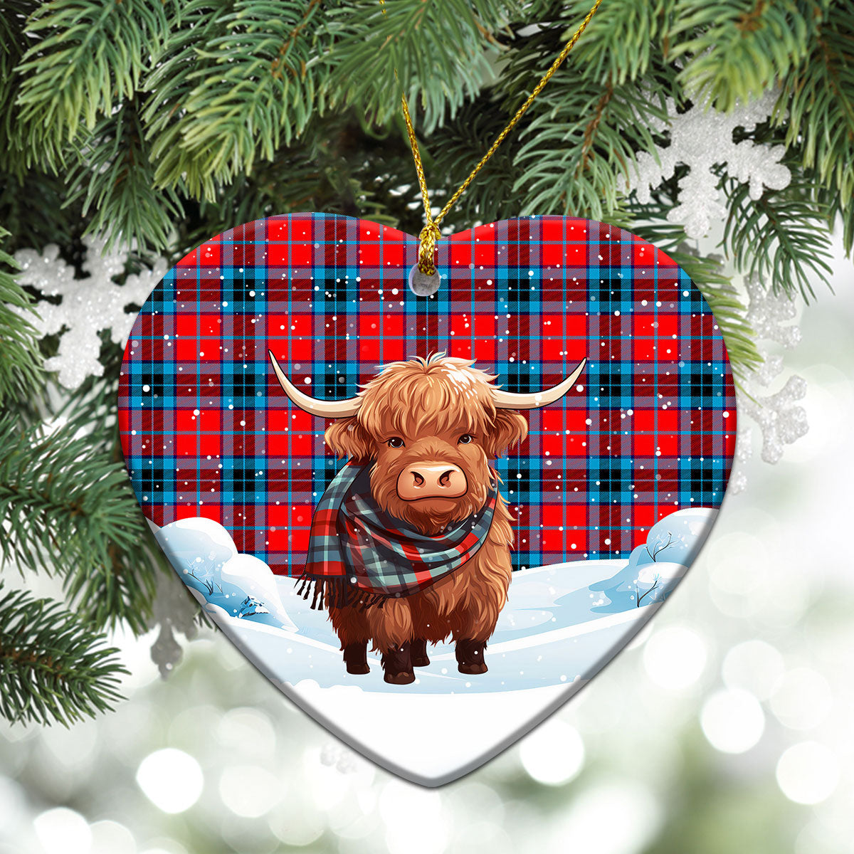 McTavish Modern Tartan Christmas Ceramic Ornament - Highland Cows Snow Style