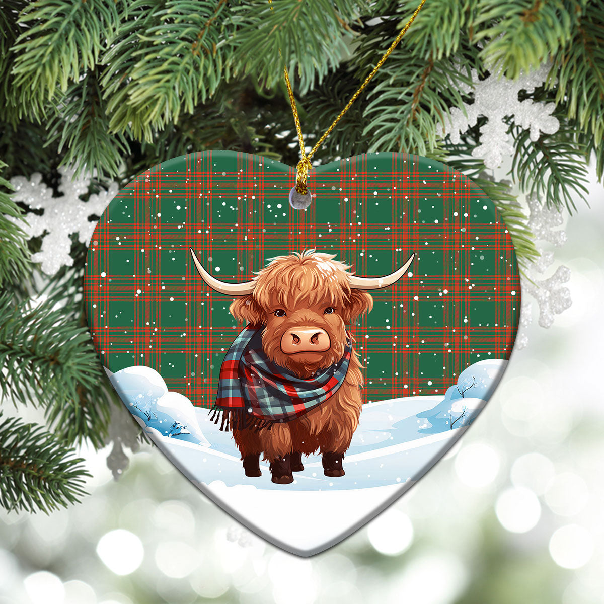 Menzies Green Ancient Tartan Christmas Ceramic Ornament - Highland Cows Snow Style