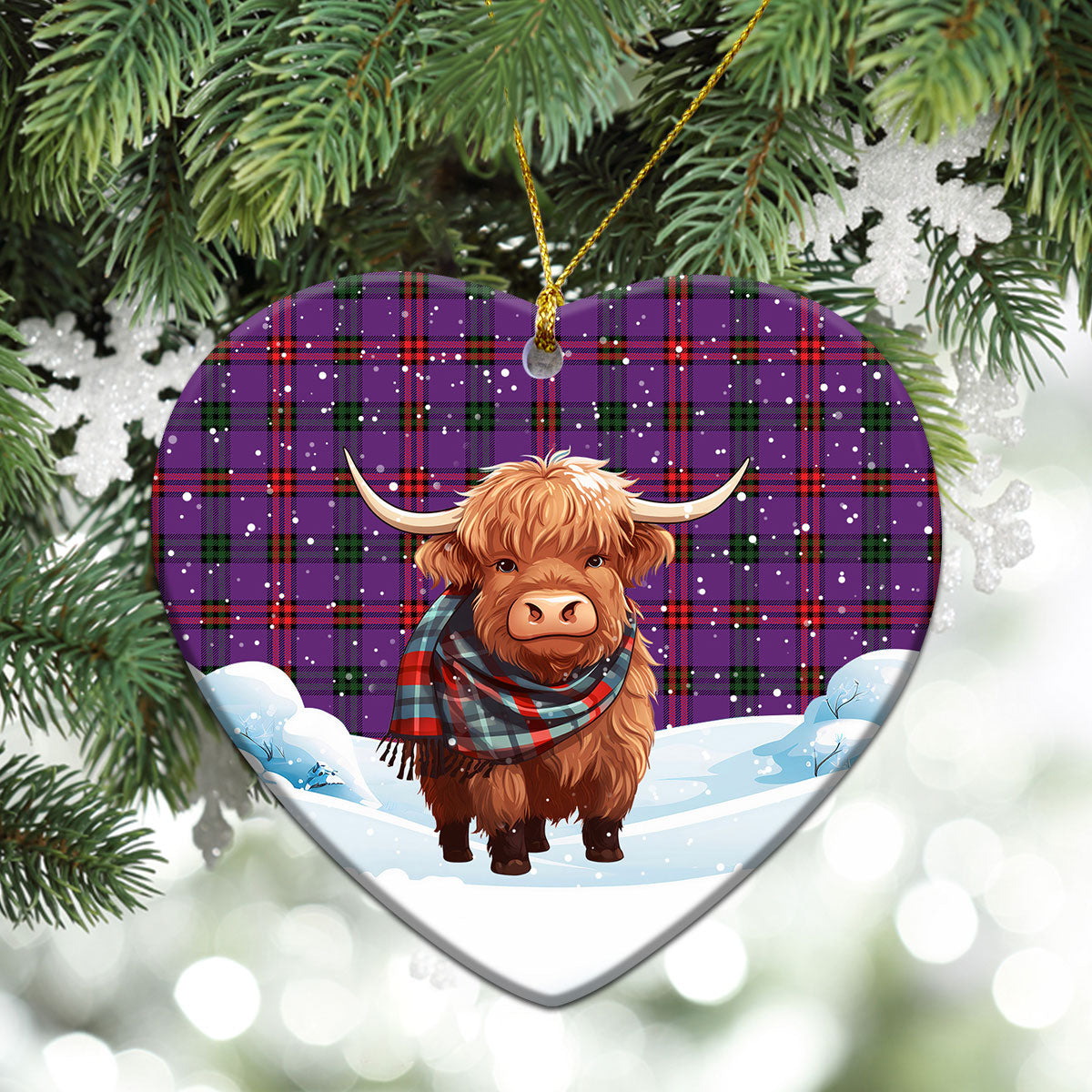 Montgomery Modern Tartan Christmas Ceramic Ornament - Highland Cows Snow Style