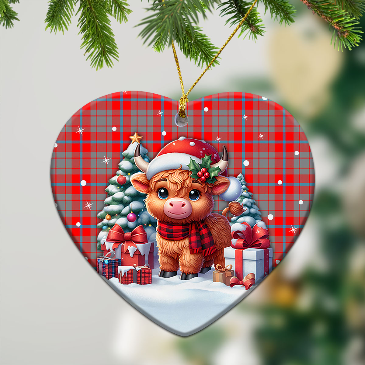 Moubray Tartan Christmas Ceramic Ornament - Highland Cow Winter Style