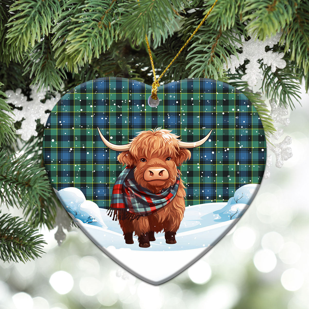 Mowat Ancient Tartan Christmas Ceramic Ornament - Highland Cows Snow Style