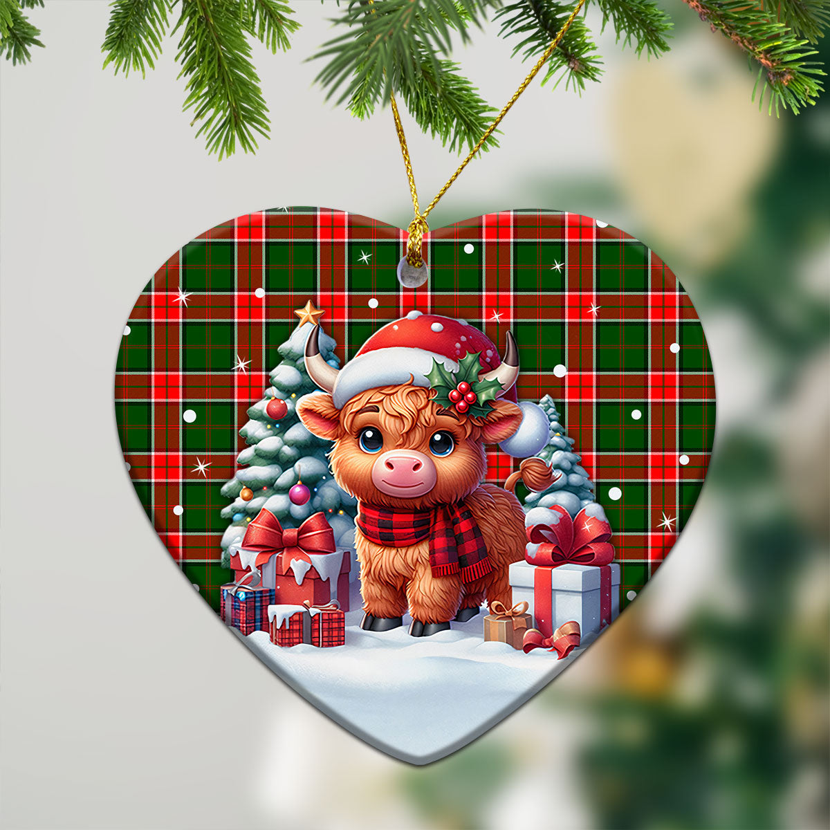 Pollock Tartan Christmas Ceramic Ornament - Highland Cow Winter Style