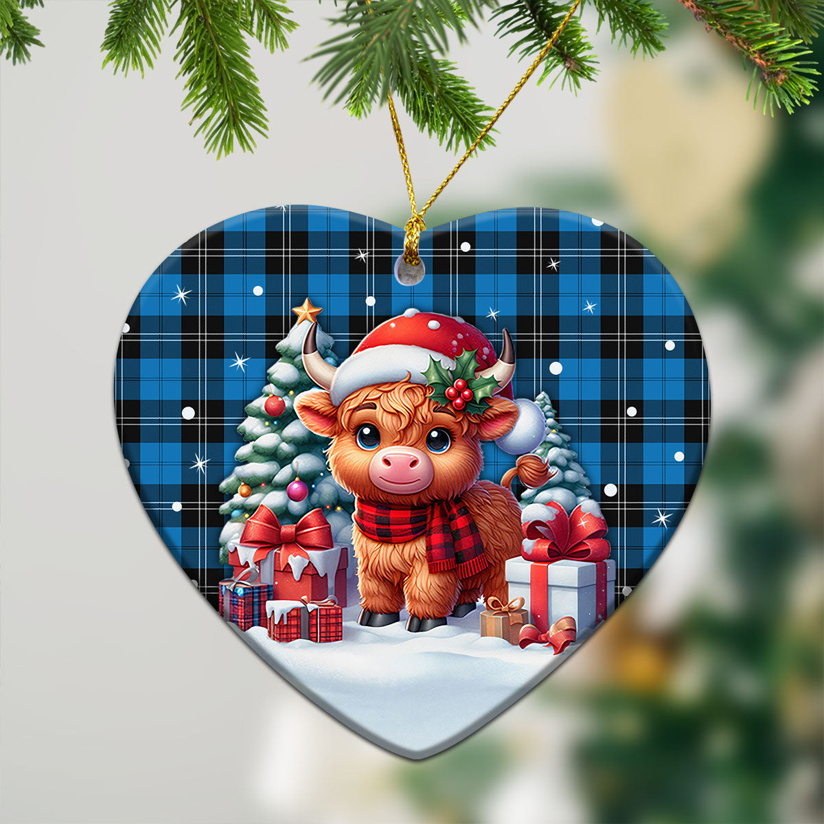 Ramsay Blue Ancient Tartan Christmas Ceramic Ornament - Highland Cow Winter Style