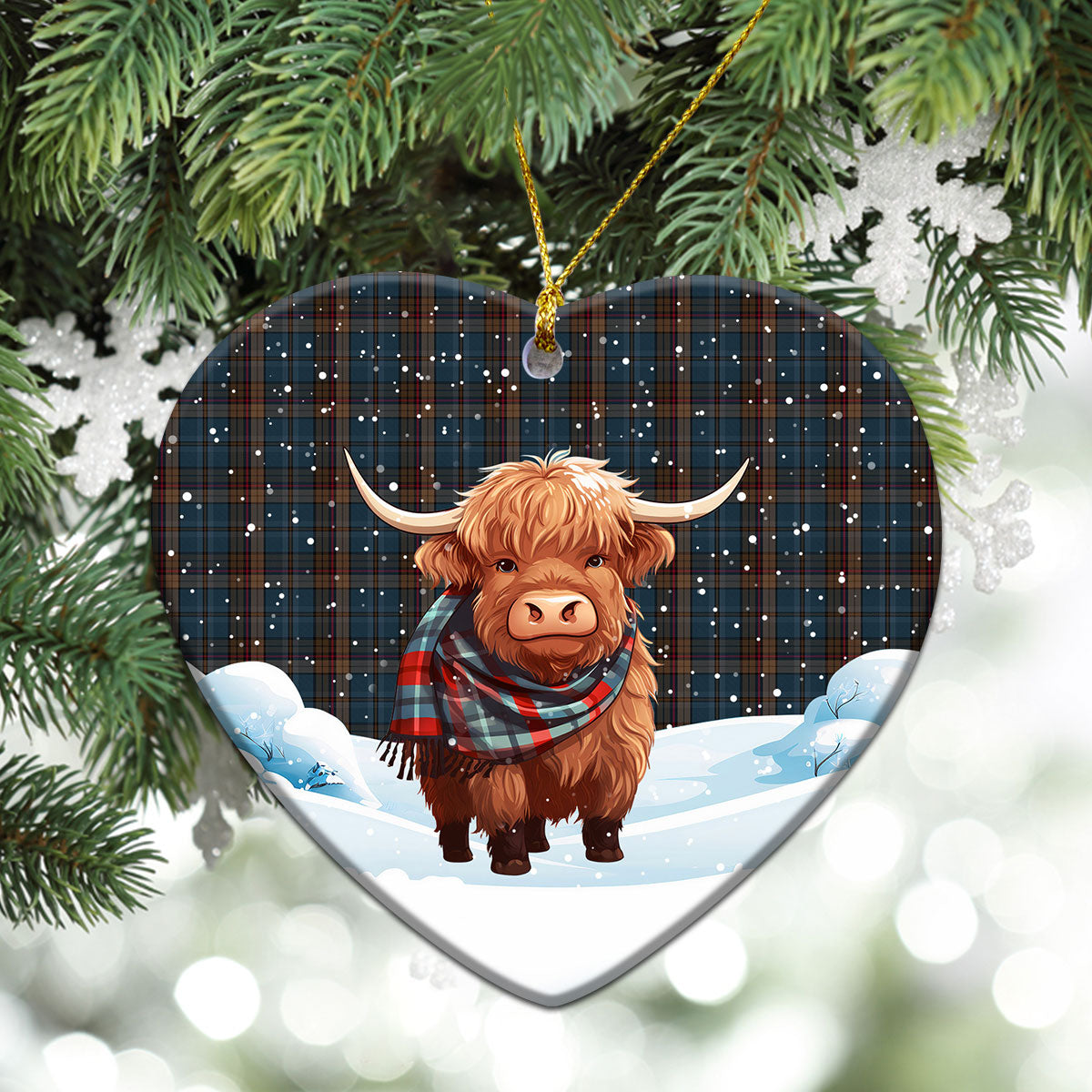 Renton Tartan Christmas Ceramic Ornament - Highland Cows Snow Style