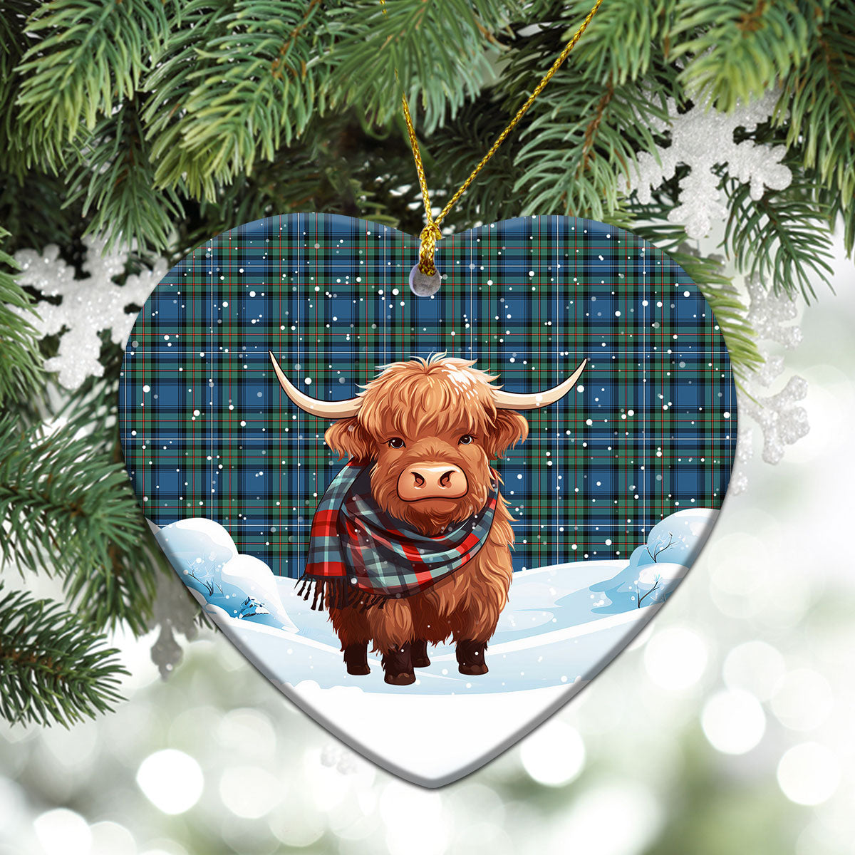 Robertson Hunting Ancient Tartan Christmas Ceramic Ornament - Highland Cows Snow Style