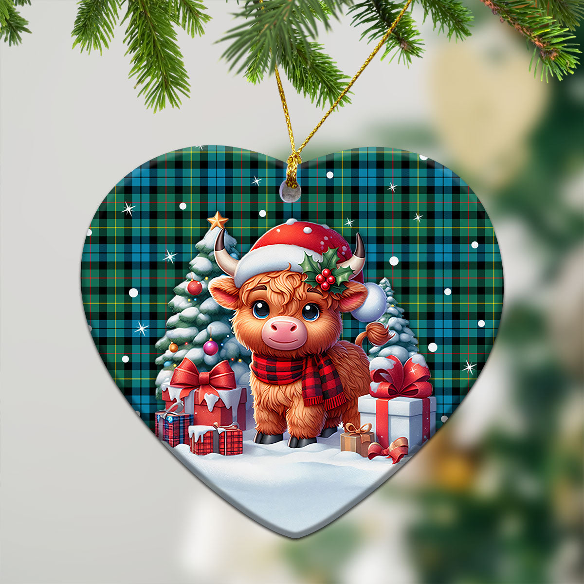 Rollo Ancient Tartan Christmas Ceramic Ornament - Highland Cow Winter Style