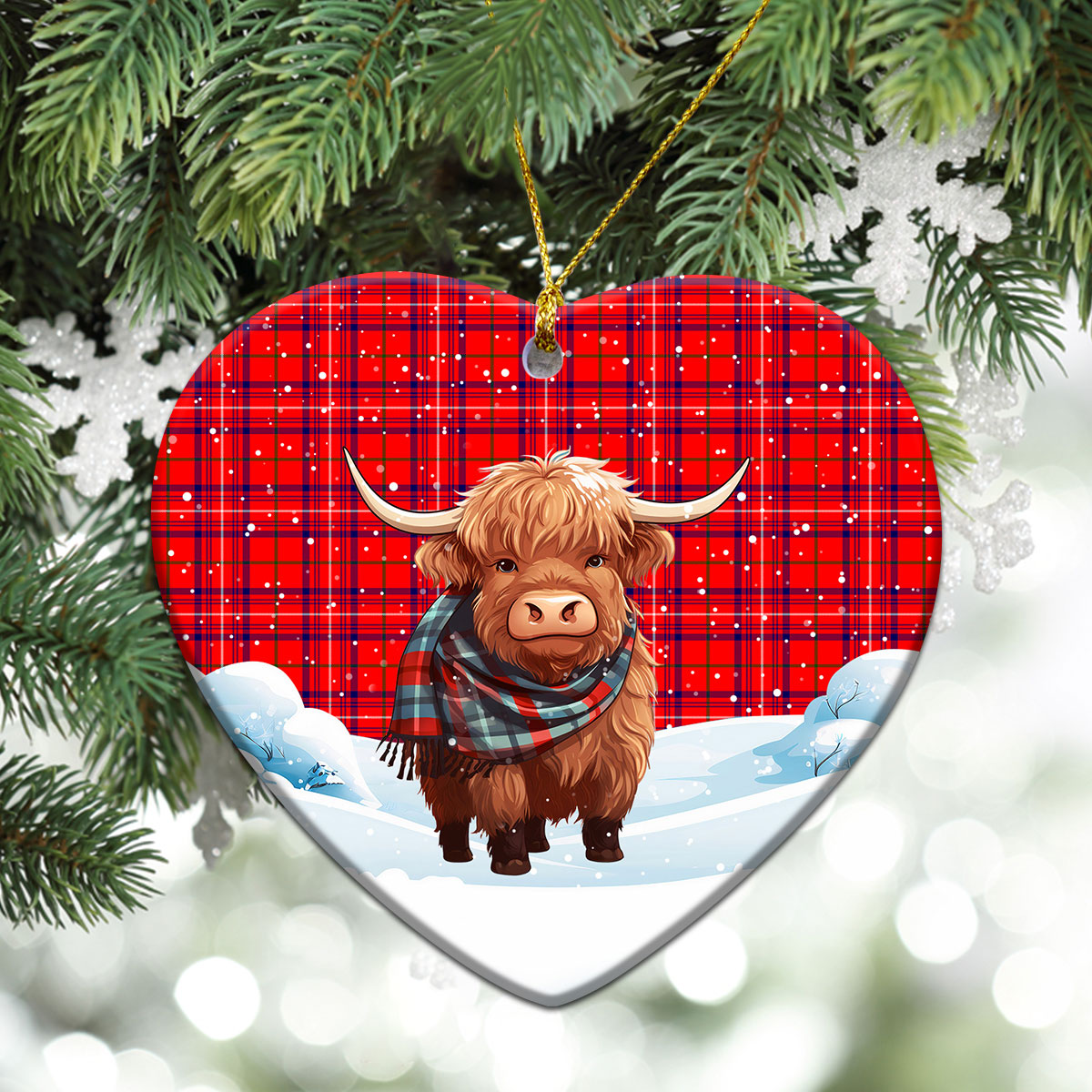 Rose Modern Tartan Christmas Ceramic Ornament - Highland Cows Snow Style