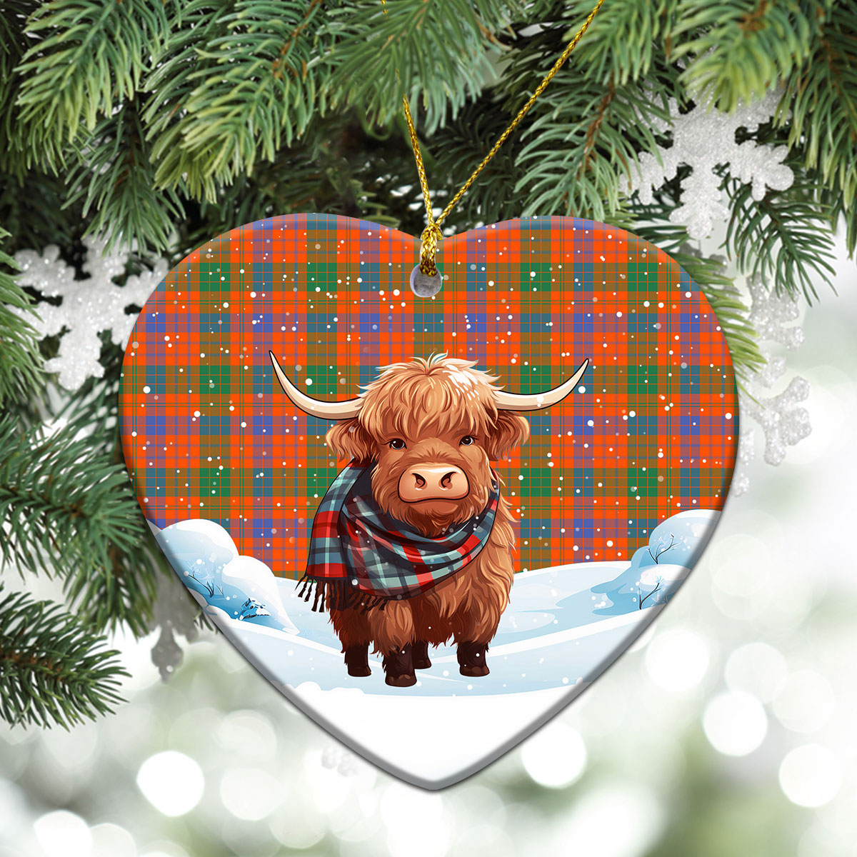 Ross Ancient Tartan Christmas Ceramic Ornament - Highland Cows Snow Style