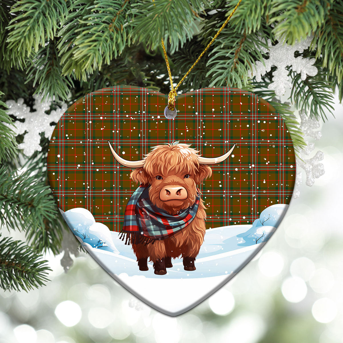 Scott Brown Modern Tartan Christmas Ceramic Ornament - Highland Cows Snow Style