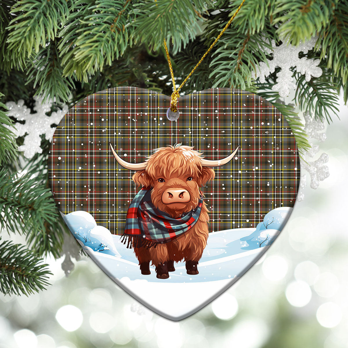 Scott Green Weathered Tartan Christmas Ceramic Ornament - Highland Cows Snow Style