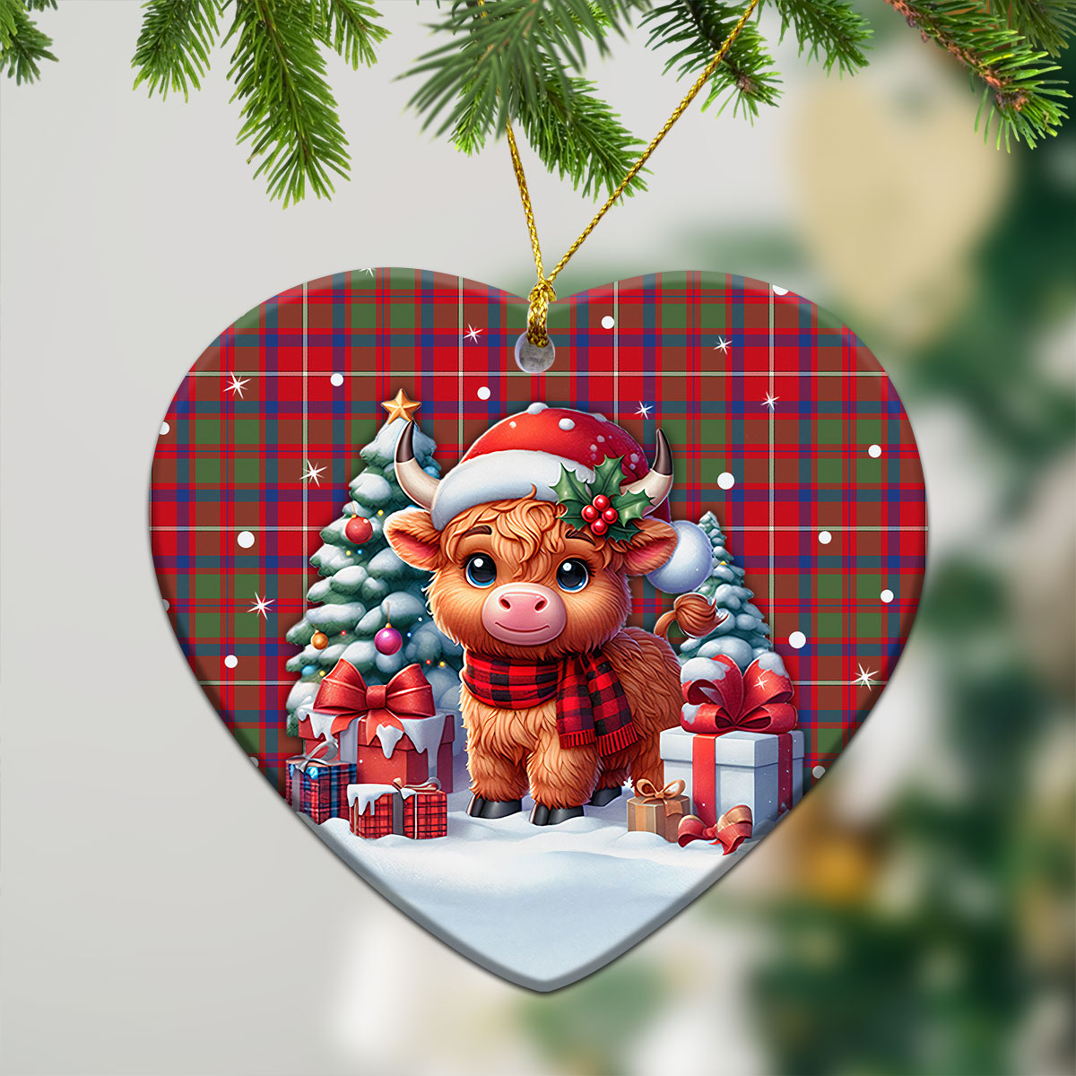 Shaw Red Modern Tartan Christmas Ceramic Ornament - Highland Cow Winter Style