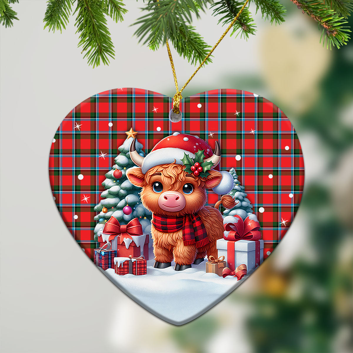 Sinclair Modern Tartan Christmas Ceramic Ornament - Highland Cow Winter Style