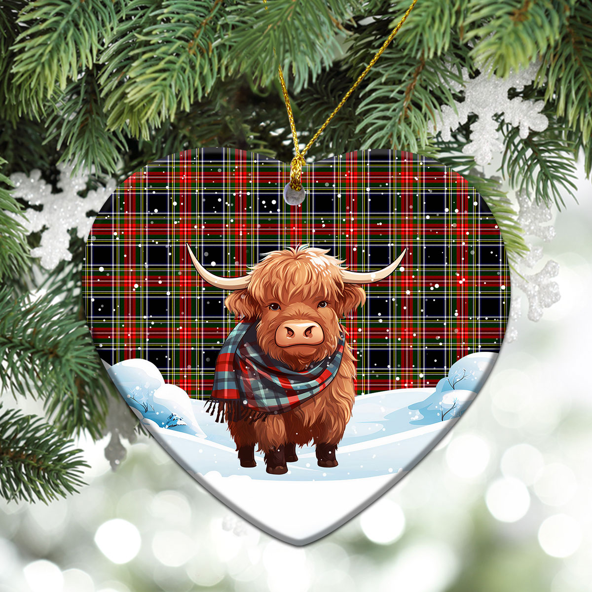 Stewart Black Tartan Christmas Ceramic Ornament - Highland Cows Snow Style