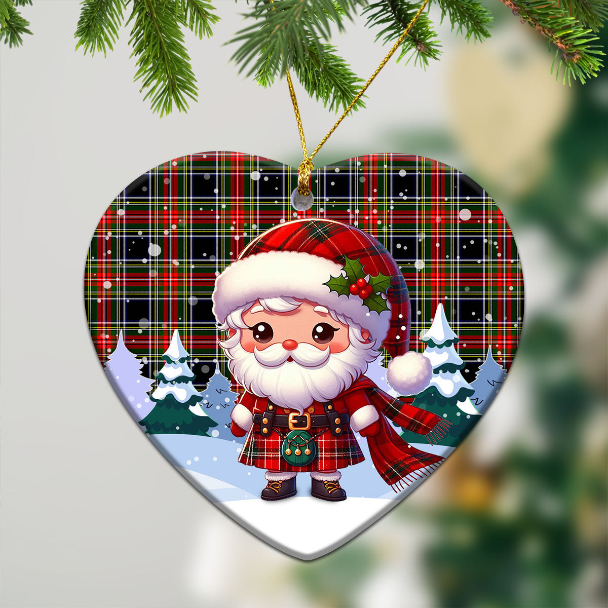 Stewart Black Tartan Christmas Ceramic Ornament - Santa Claus In Kilt Style