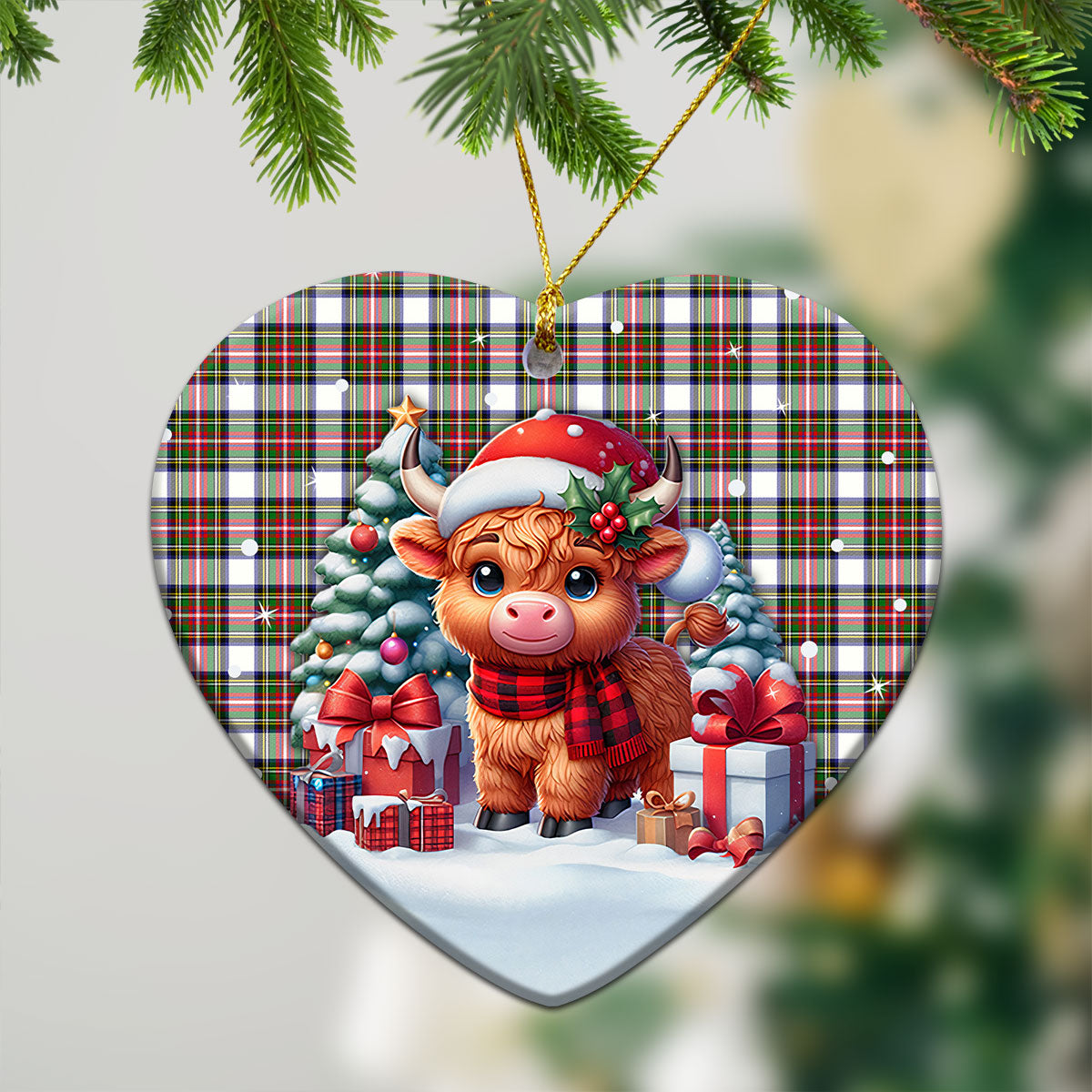 Stewart Dress Modern Tartan Christmas Ceramic Ornament - Highland Cow Winter Style