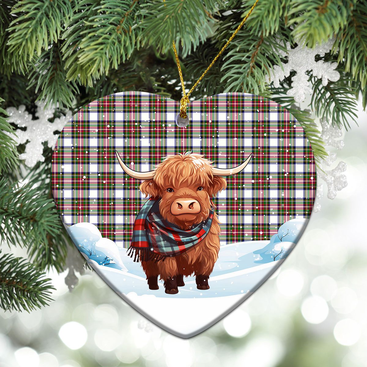 Stewart Dress Modern Tartan Christmas Ceramic Ornament - Highland Cows Snow Style