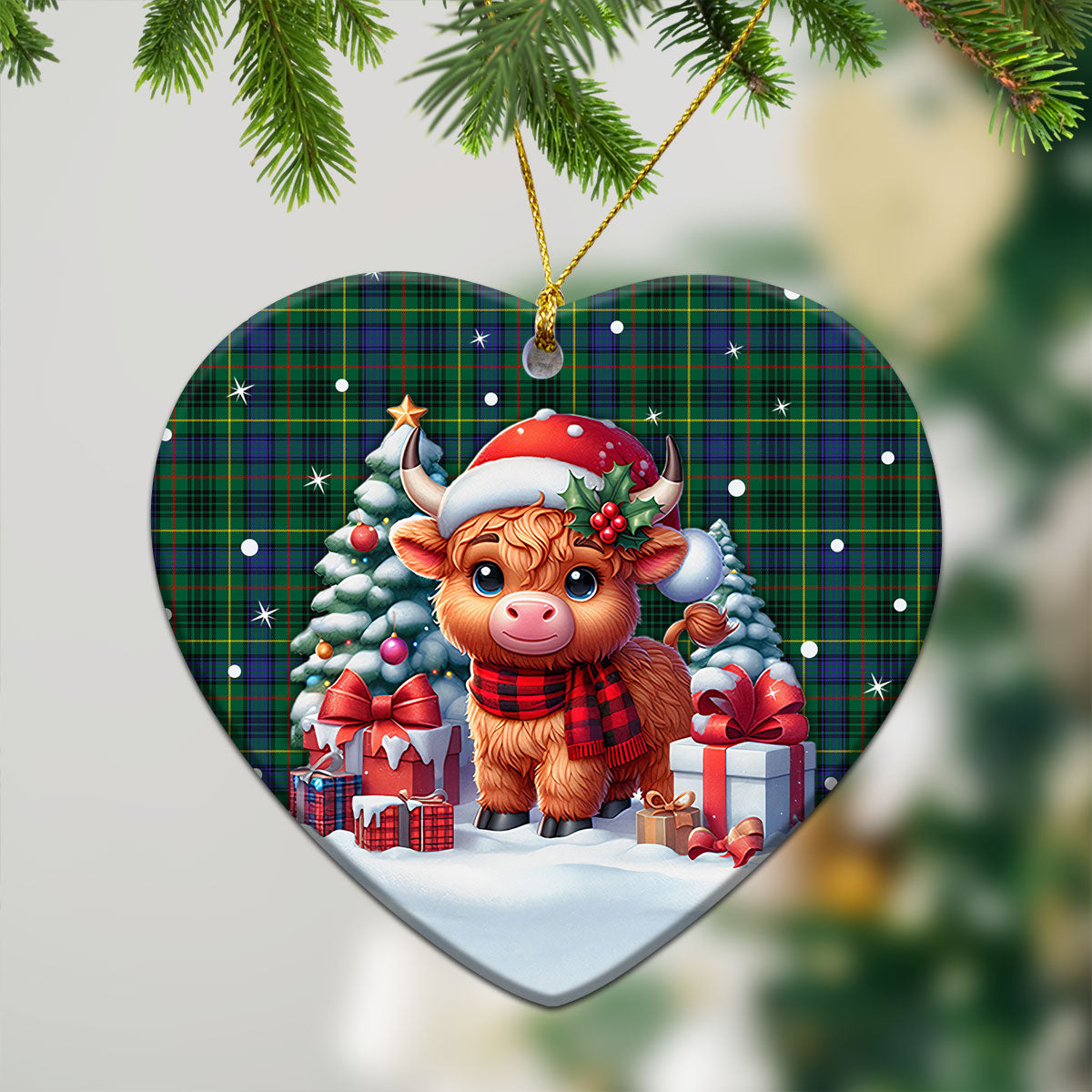 Stewart Hunting Modern Tartan Christmas Ceramic Ornament - Highland Cow Winter Style