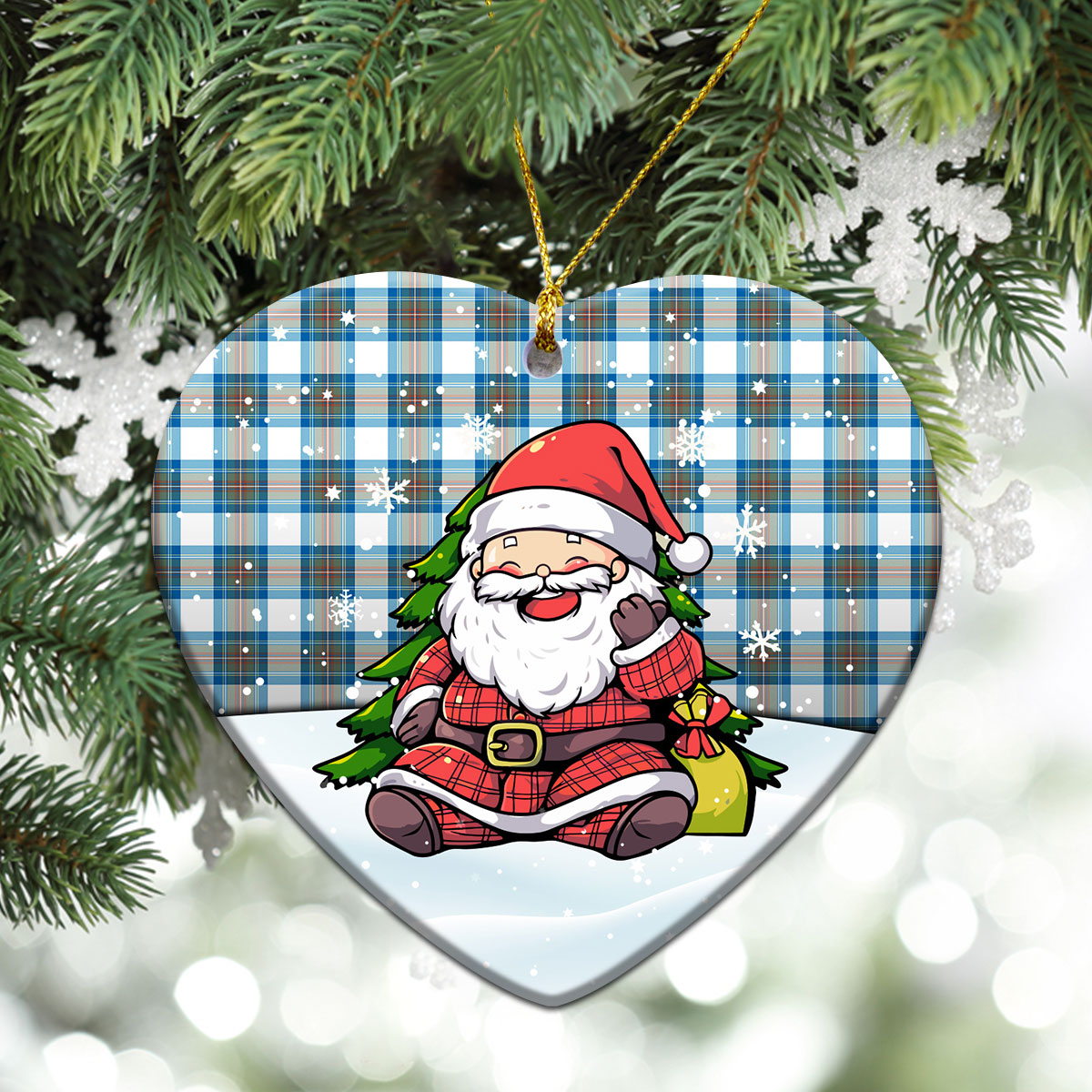 Stewart Muted Blue Tartan Christmas Ceramic Ornament - Scottish Santa Style