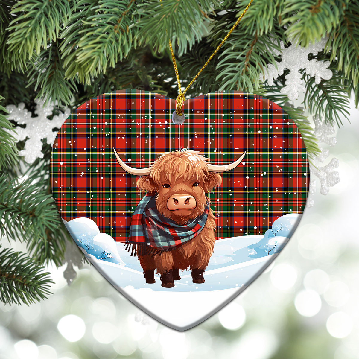 Stewart Royal Modern Tartan Christmas Ceramic Ornament - Highland Cows Snow Style