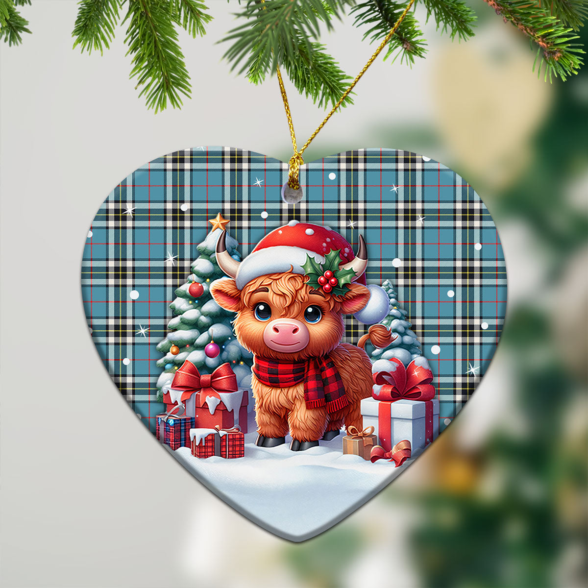 Thomson Blue Tartan Christmas Ceramic Ornament - Highland Cow Winter Style