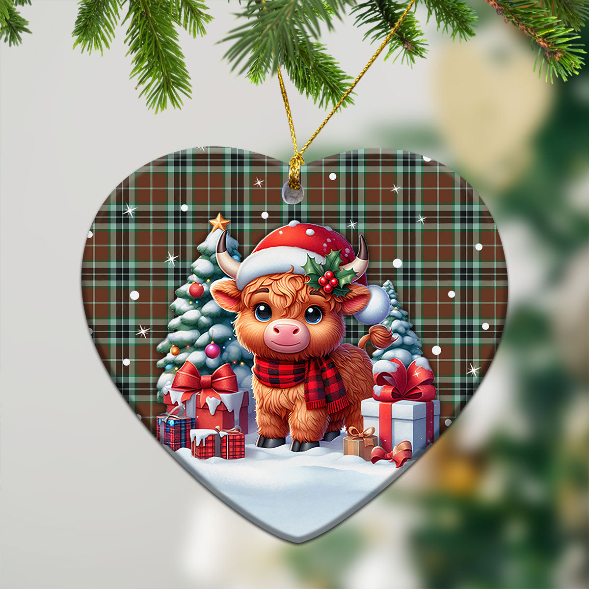 Thomson Hunting Modern Tartan Christmas Ceramic Ornament - Highland Cow Winter Style