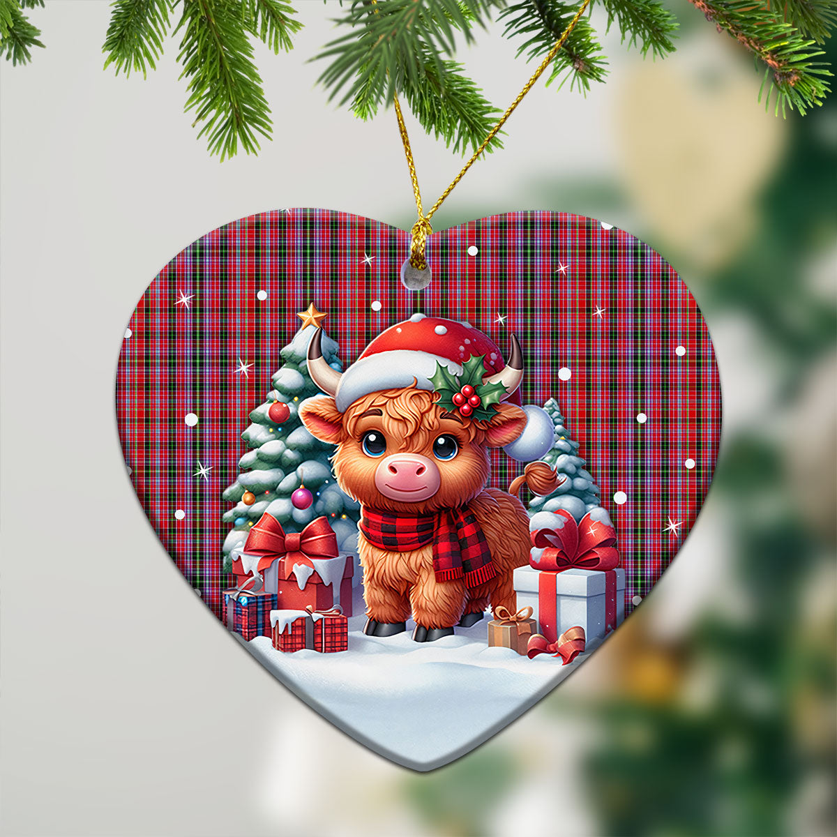 Udny Tartan Christmas Ceramic Ornament - Highland Cow Winter Style