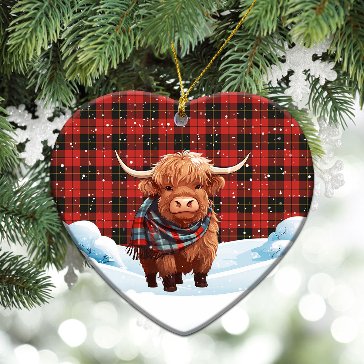 Wallace Weathered Tartan Christmas Ceramic Ornament - Highland Cows Snow Style