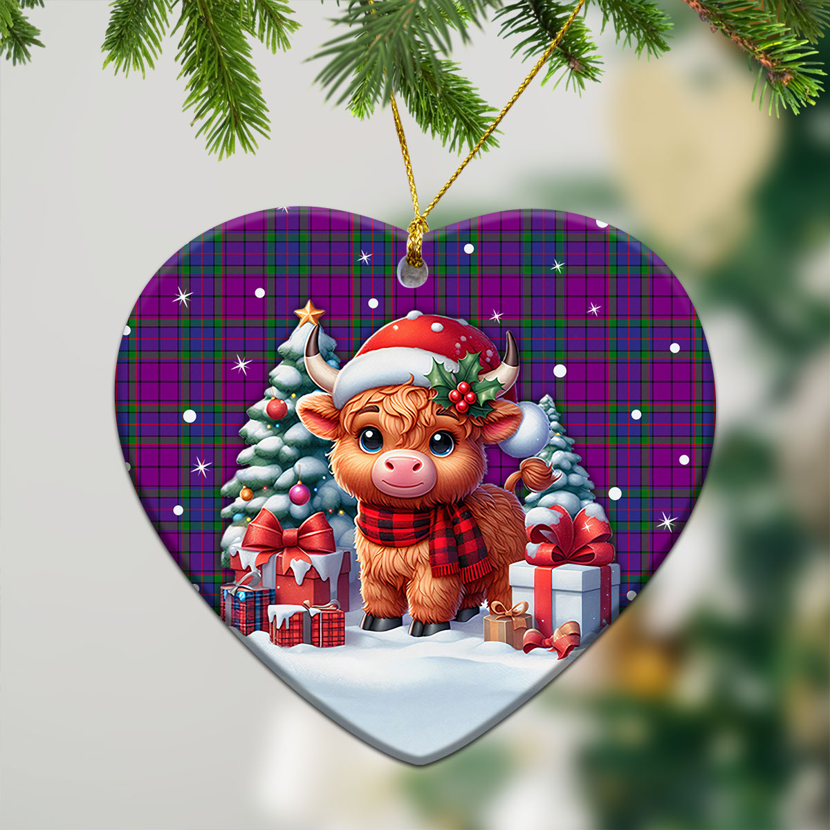 Wardlaw Modern Tartan Christmas Ceramic Ornament - Highland Cow Winter Style