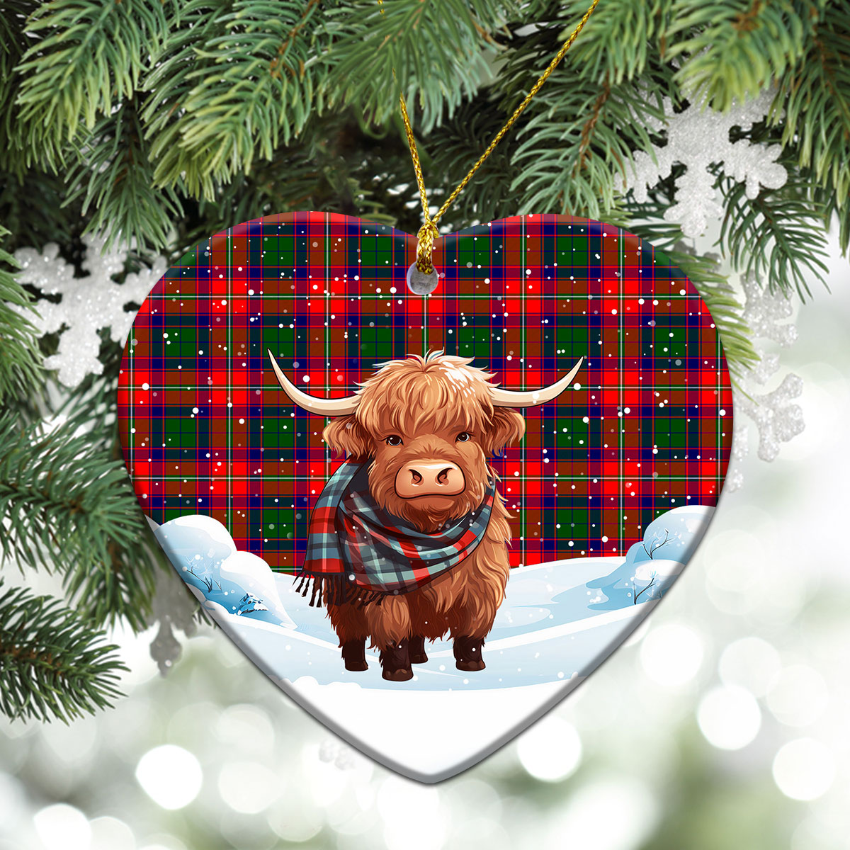 Wauchope (or Waugh) Tartan Christmas Ceramic Ornament - Highland Cows Snow Style