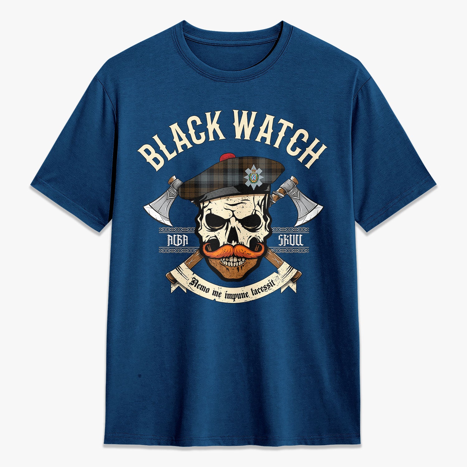 Black Watch Weathered Tartan Crest 2D T-shirt - Alba Skull Style