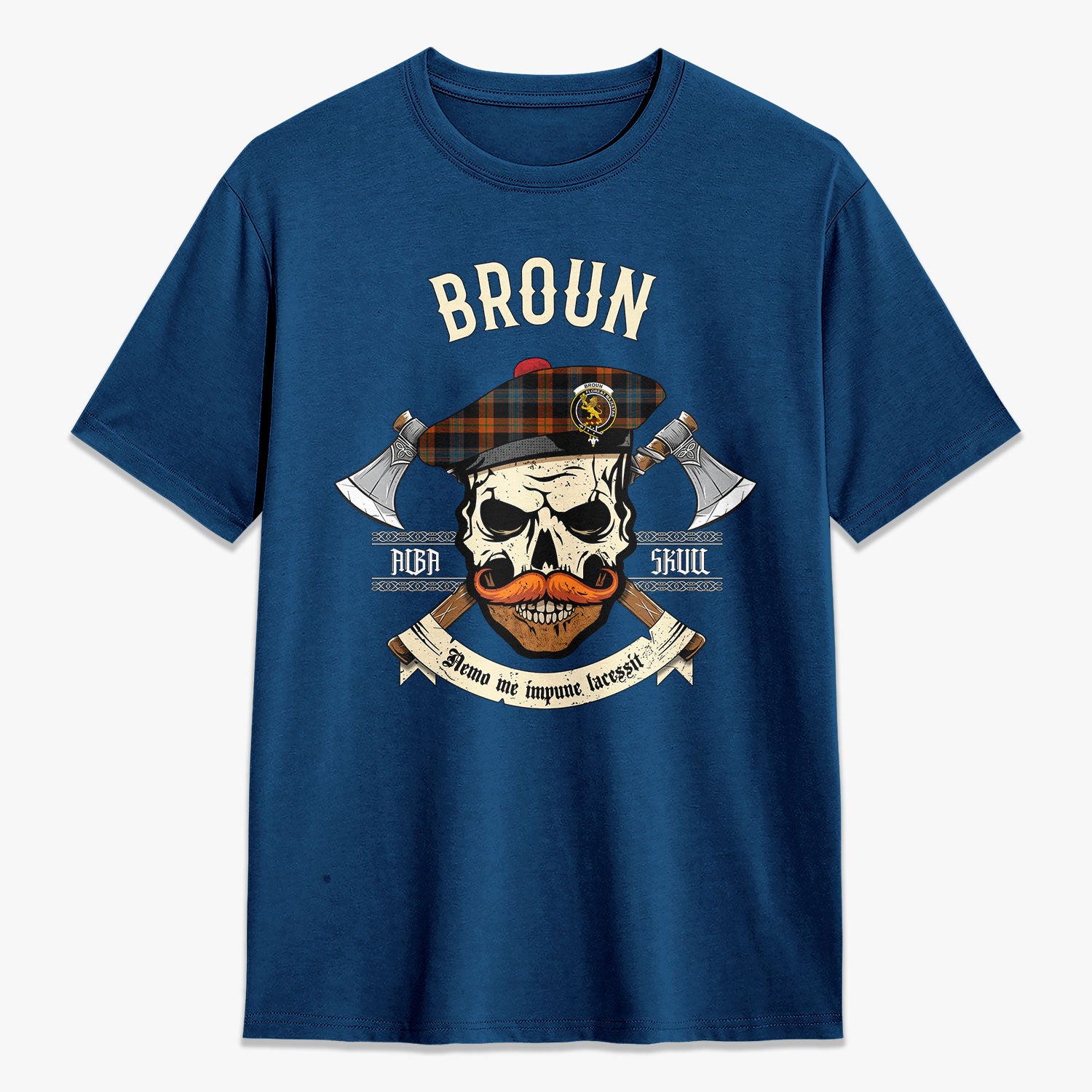 Broun Ancient Tartan Crest 2D T-shirt - Alba Skull Style