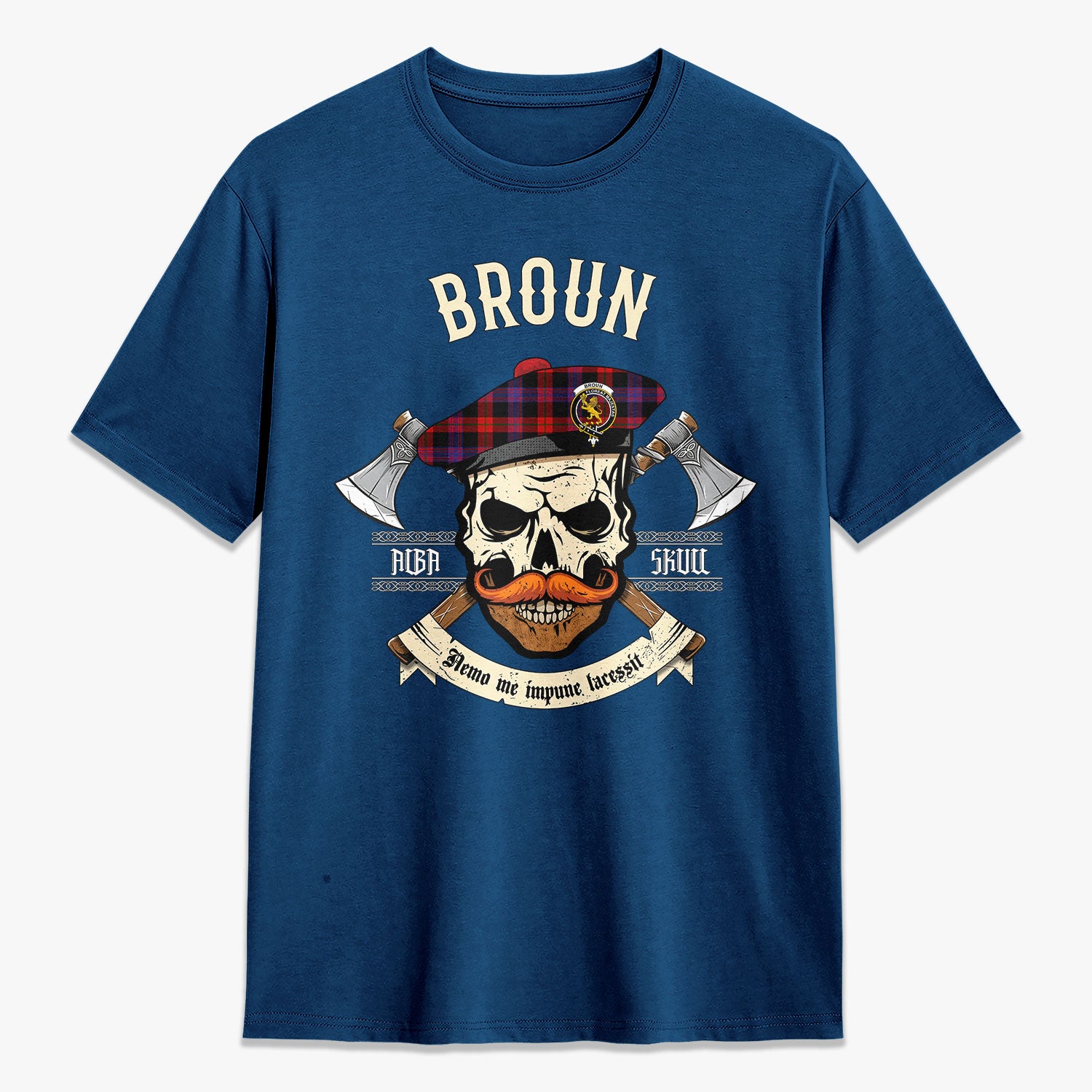 Broun Modern Tartan Crest 2D T-shirt - Alba Skull Style