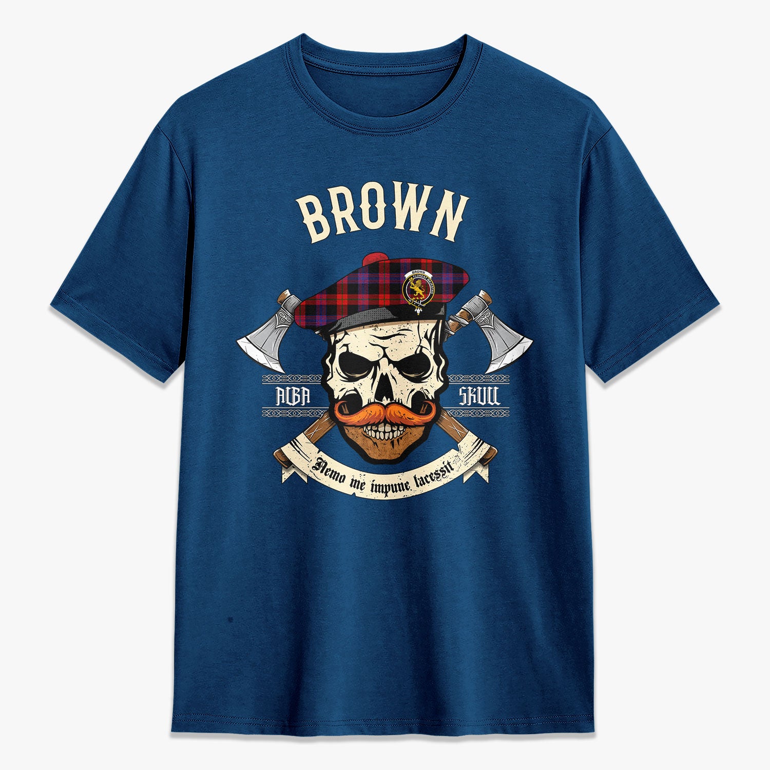 Brown Modern Tartan Crest 2D T-shirt - Alba Skull Style