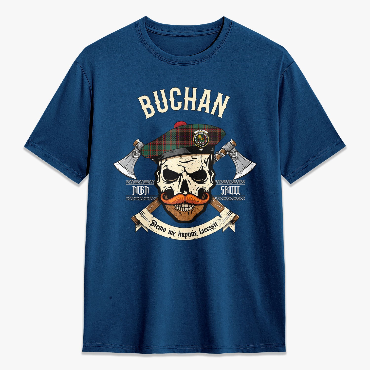 Buchan Ancient Tartan Crest 2D T-shirt - Alba Skull Style