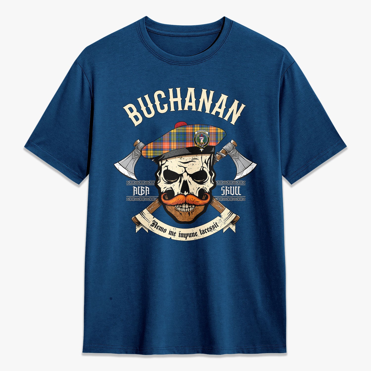 Buchanan Ancient Tartan Crest 2D T-shirt - Alba Skull Style