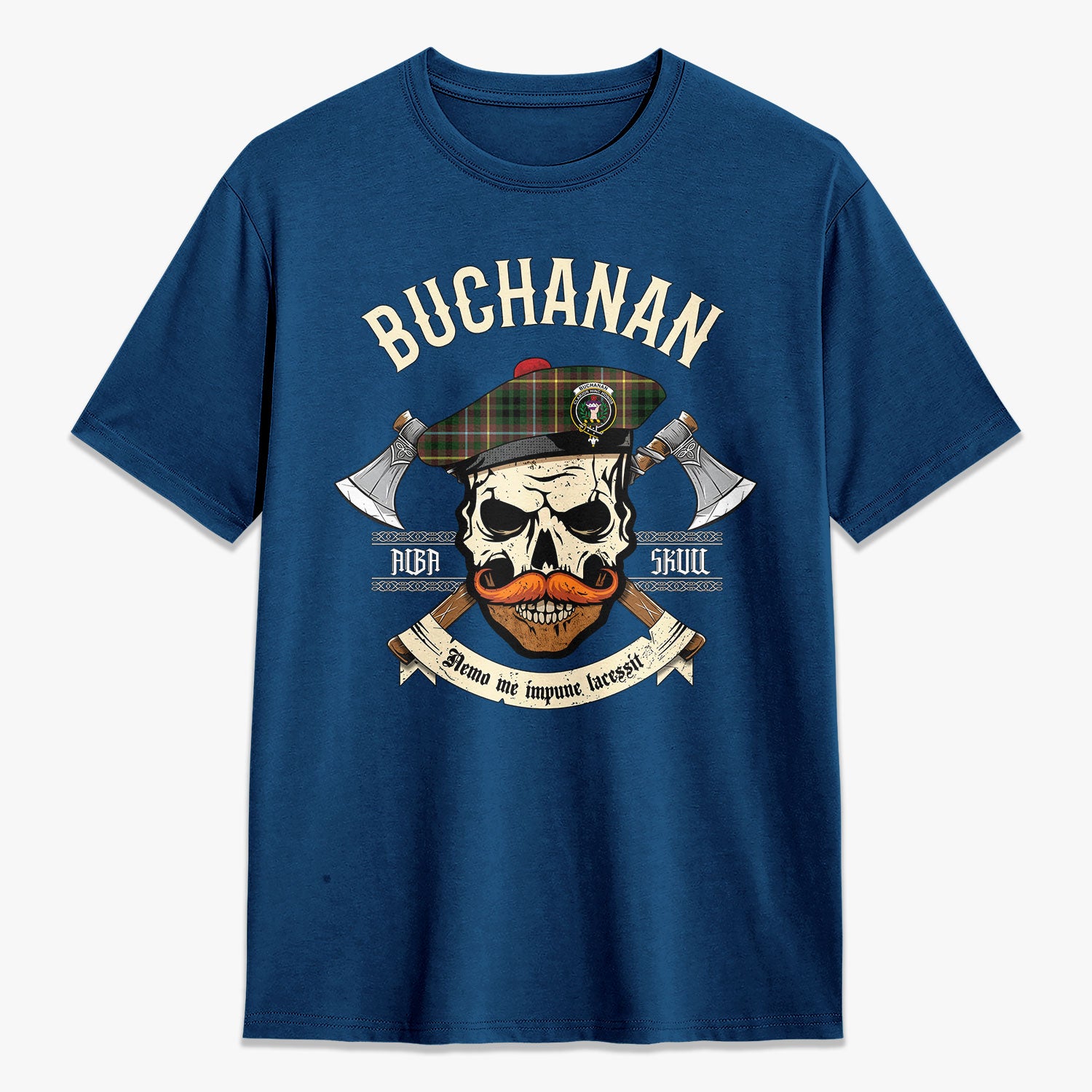 Buchanan Hunting Tartan Crest 2D T-shirt - Alba Skull Style