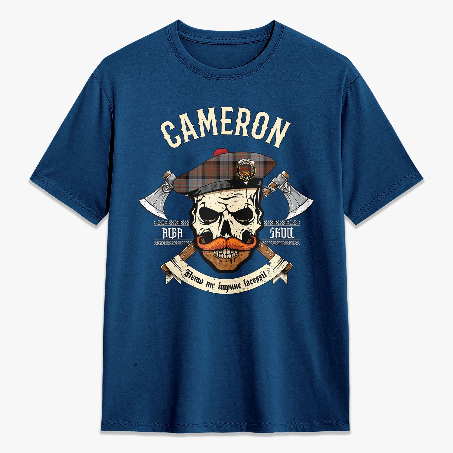 Cameron of Erracht Weathered Tartan Crest 2D T-shirt - Alba Skull Style