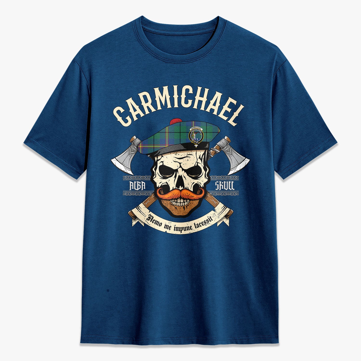 Carmichael Ancient Tartan Crest 2D T-shirt - Alba Skull Style